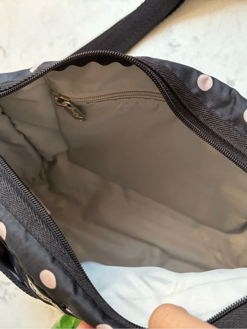 LeSportsac Black with Pink Polka Dot Crossbody Shoulder Bag